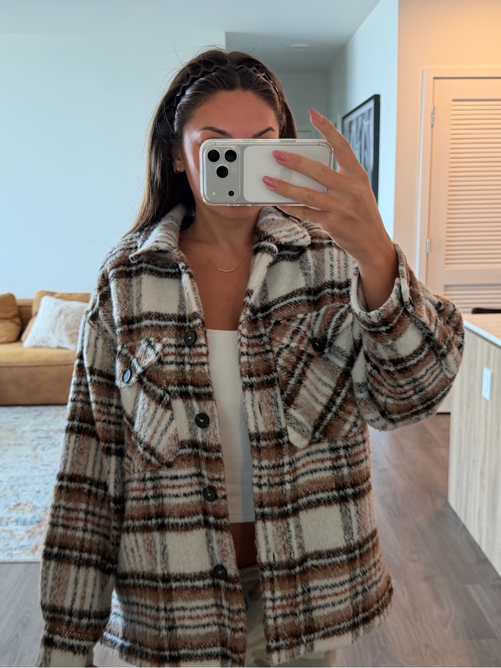 Lush Cream & Brown Plaid Teddy Shacket